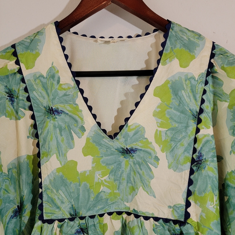 Anthropologie Entro Green White Floral Babydoll Dress Sz M Coastal Cowgirl Chic - Picture 9 of 15